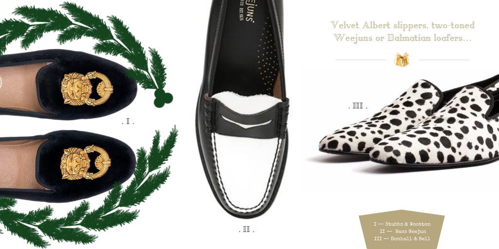 christmas-gifts-for-men-velevt-albert-slippers,bass-weejun-larsson-penny-loafers-and-donhall-and-bell-dalmatian-loafers