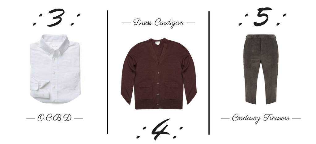 #3-5: Oxford-Cloth Button Down, Merino Wool Cardigan, Smart Corduroy Trousers (monk + eero)